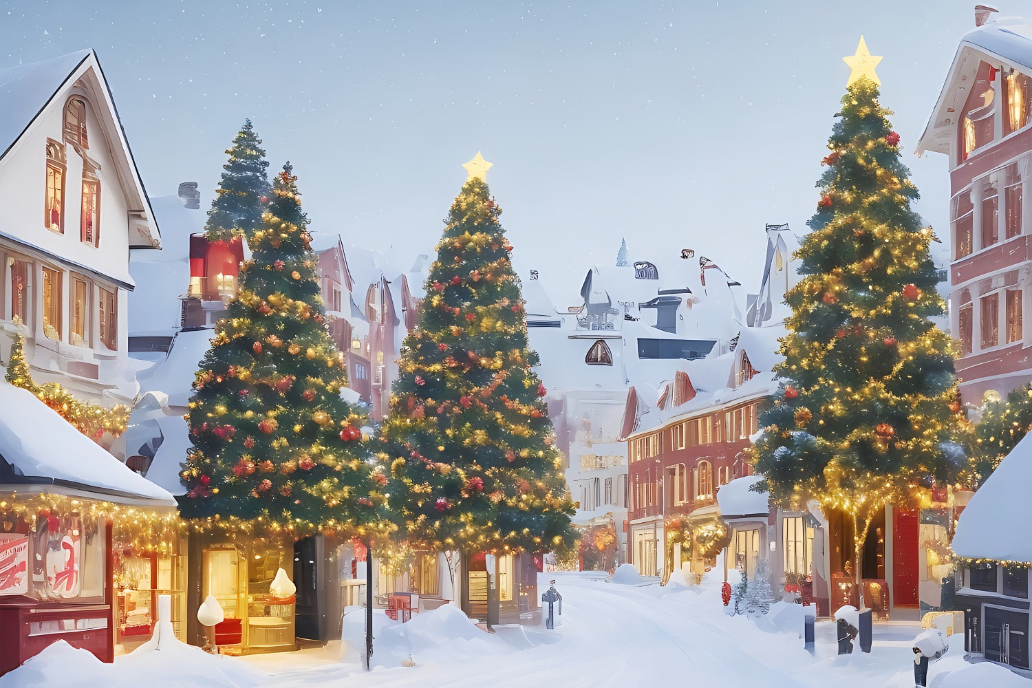 Toile de fond de Noël Village Enneigé et Arbres Illuminés BRP11-166