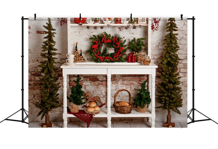 Toile de fond de Noël Arbre Console Couronne Décor Pin BRP11-197
