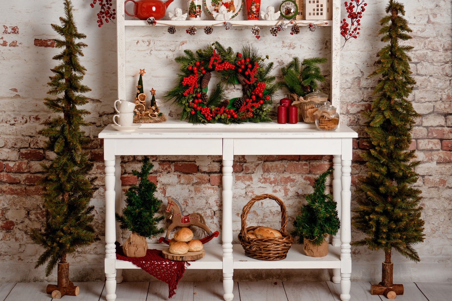Toile de fond de Noël Arbre Console Couronne Décor Pin BRP11-197