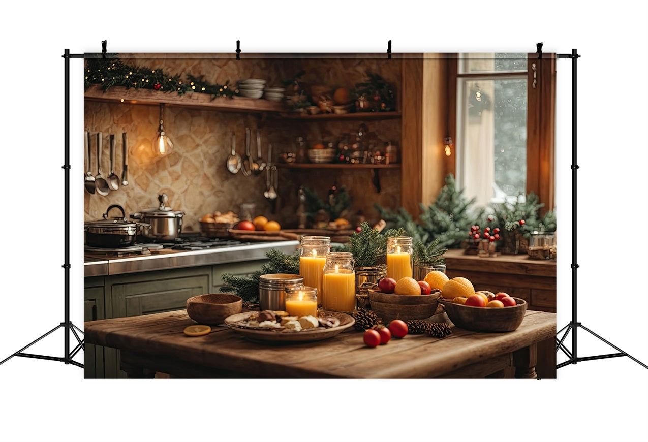 Toile de fond de Noël Cuisine Bougies Verdure Pin BRP11-198