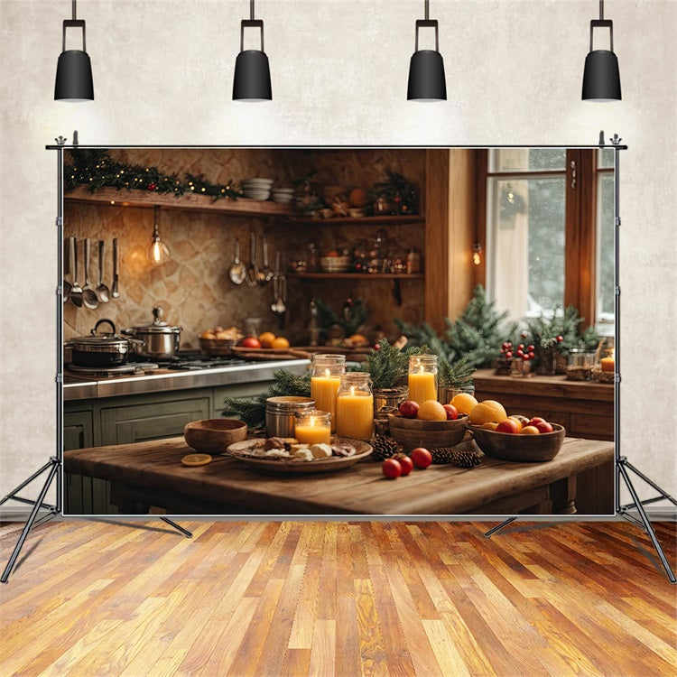 Toile de fond de Noël Cuisine Bougies Verdure Pin BRP11-198