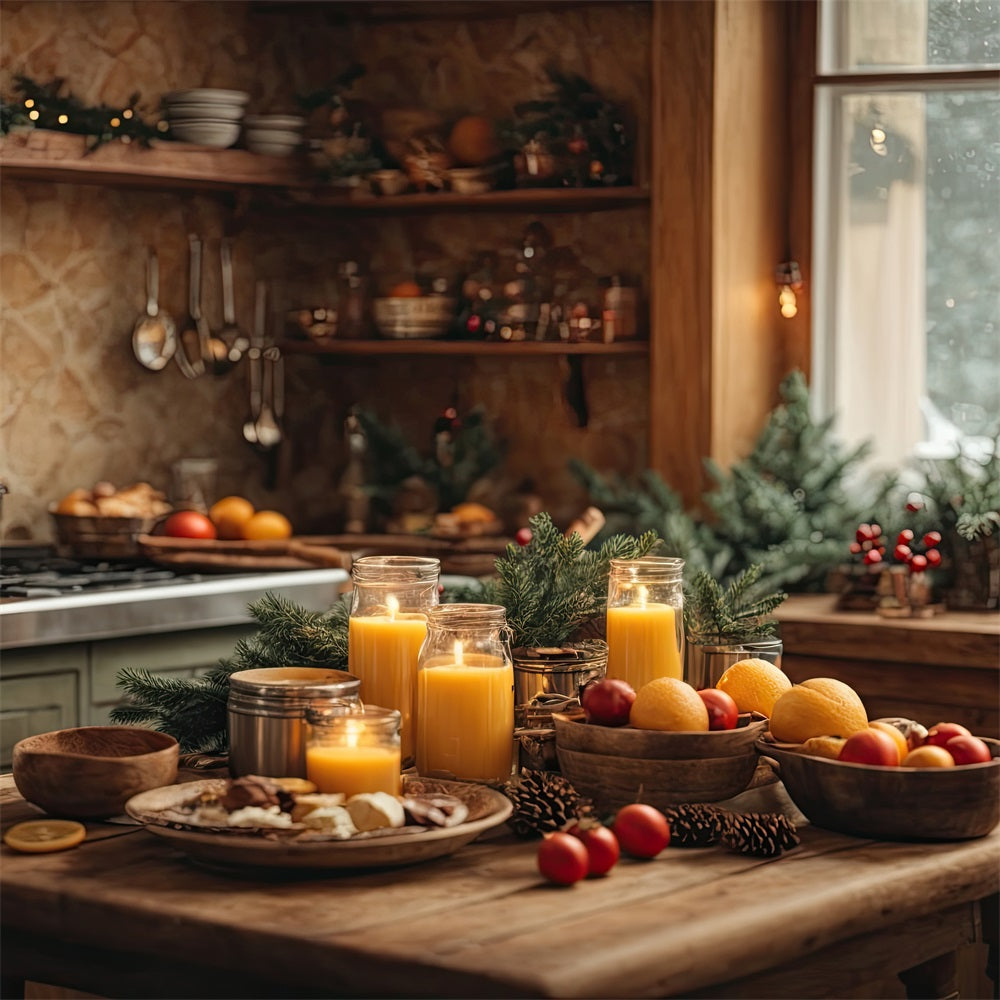 Toile de fond de Noël Cuisine Bougies Verdure Pin BRP11-198