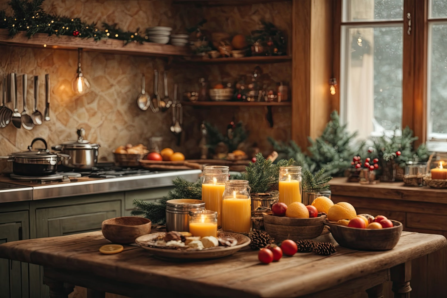 Toile de fond de Noël Cuisine Bougies Verdure Pin BRP11-198