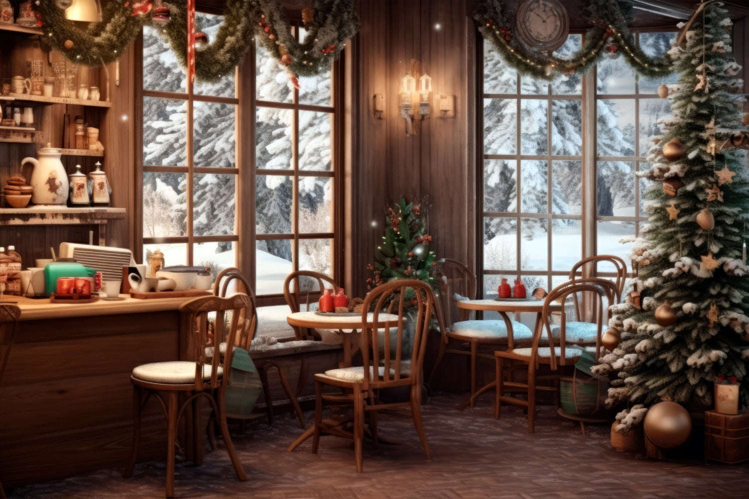Toile de fond de Noël Café Vue Hivernale Enneigée BRP11-199
