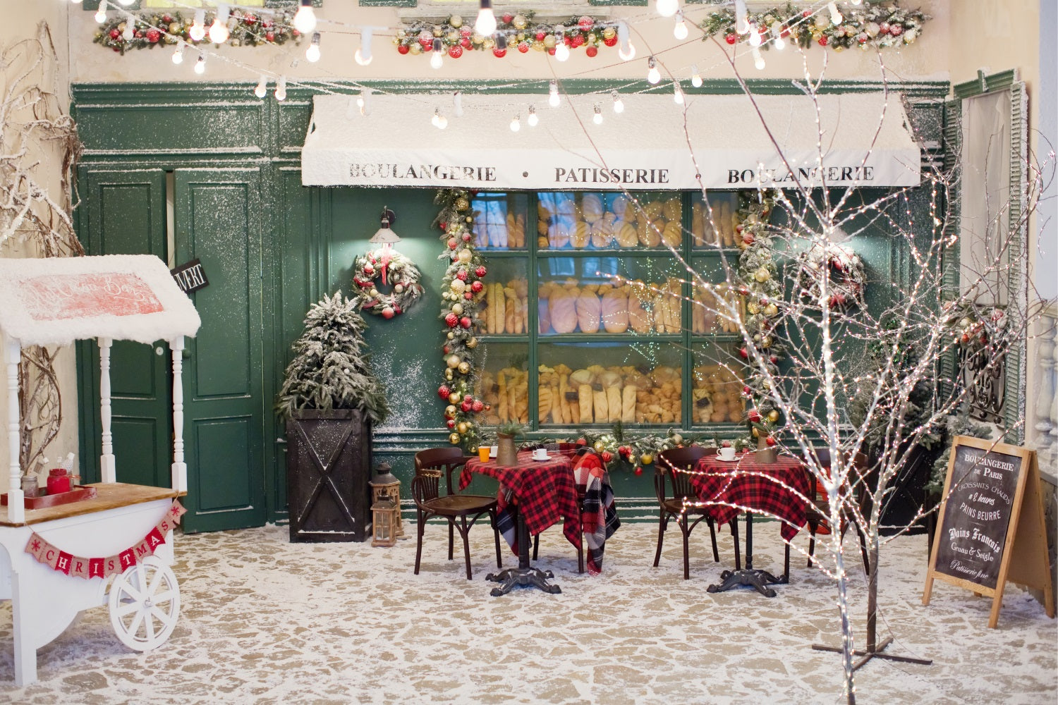 Toile de fond de Noël Arbre Boulangerie Enneigée Lumières BRP11-201