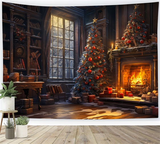 Toile de fond de Noël Cheminée Arbre Bibliothèque Royale BRP11-209