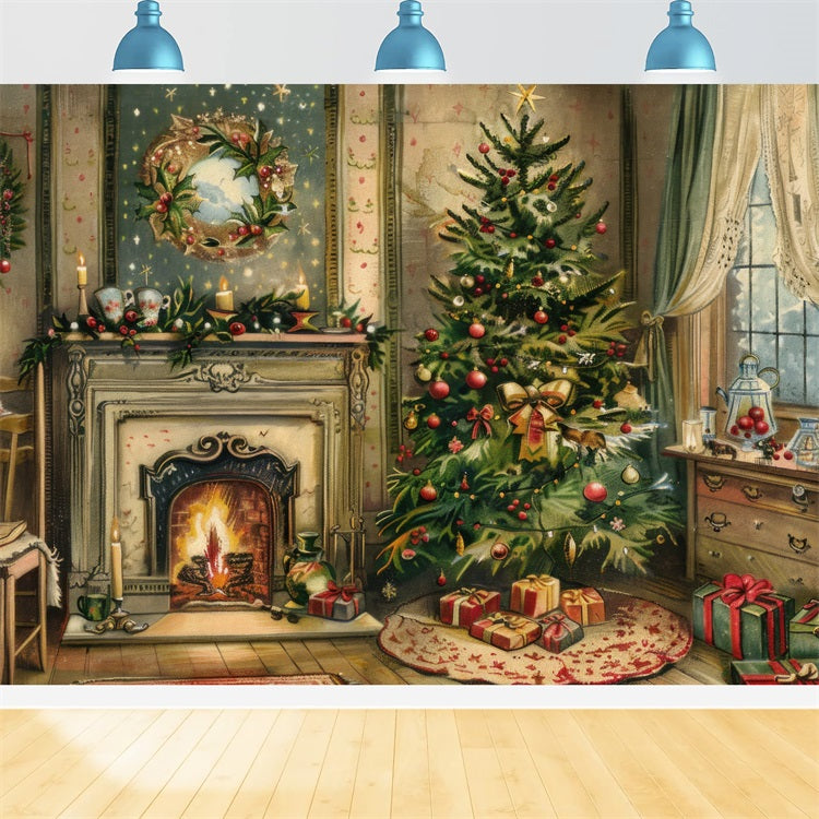 Toile de fond de Noël Cheminée Arbre Scène Couronne BRP11-211