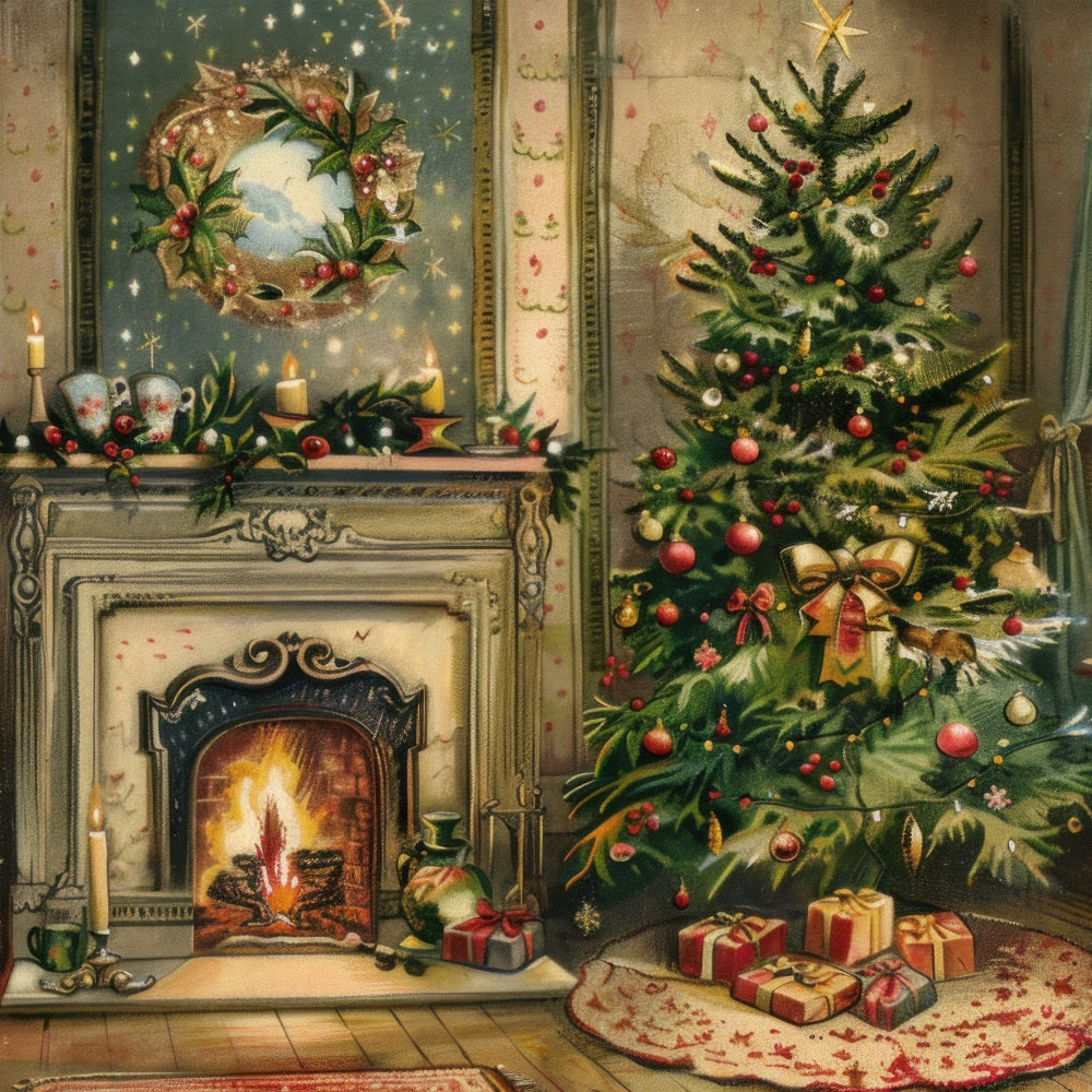 Toile de fond de Noël Cheminée Arbre Scène Couronne BRP11-211
