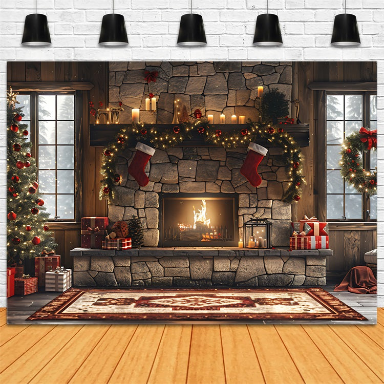 Toile de fond de Noël Cheminée Guirlande Festive Arbre BRP11-212