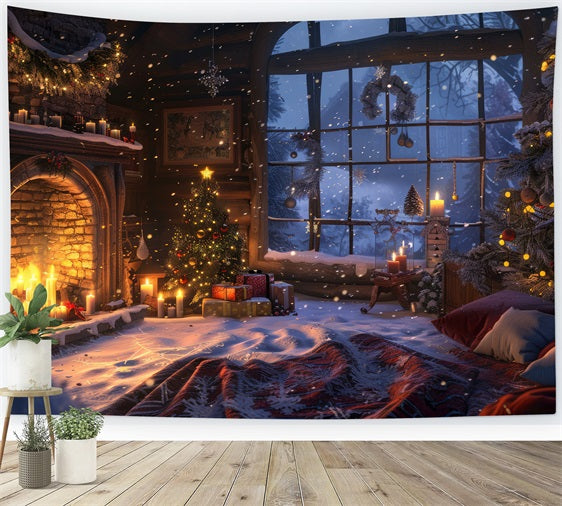 Toile de fond de Noël Cheminée Fenêtre Hivernale Bougies BRP11-213