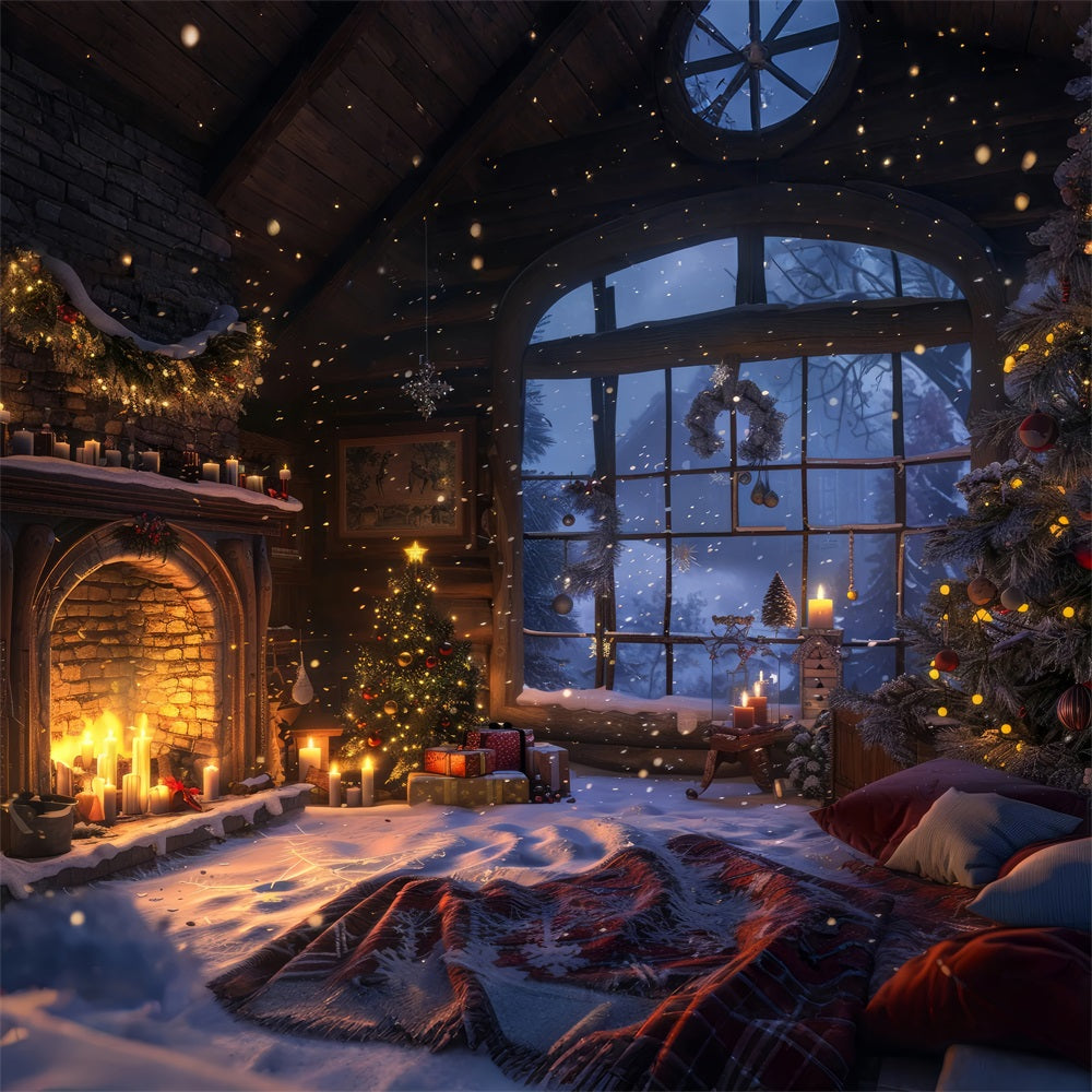 Toile de fond de Noël Cheminée Fenêtre Hivernale Bougies BRP11-213