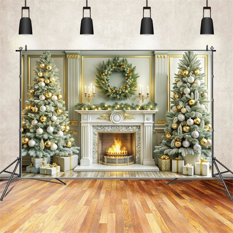 Toile de fond de Noël Cheminée Arbres Dorés Festifs BRP11-214