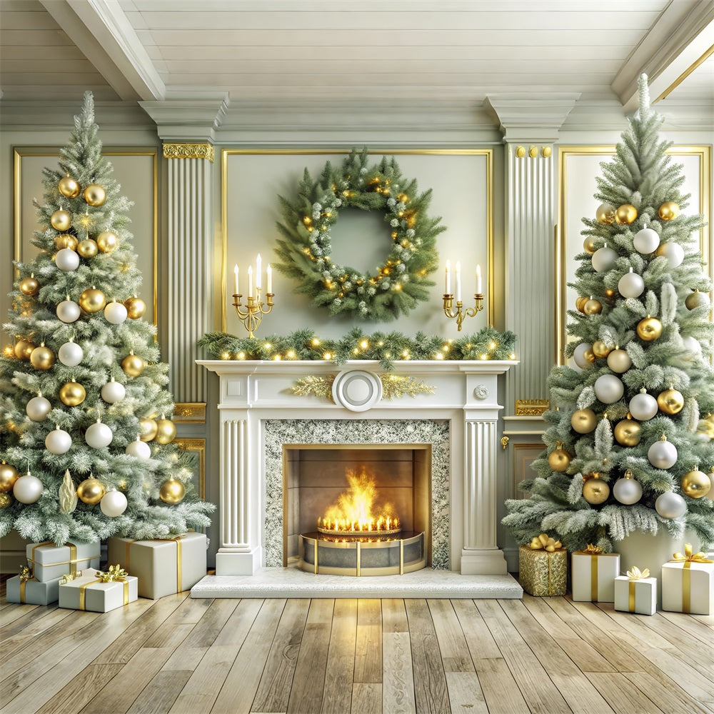 Toile de fond de Noël Cheminée Arbres Dorés Festifs BRP11-214