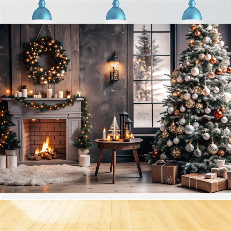 Toile de fond de Noël Cheminée Couronne Festive Arbre BRP11-215