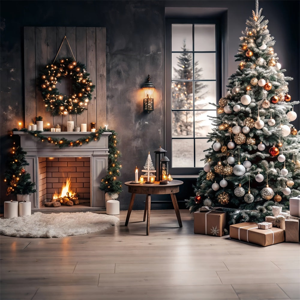 Toile de fond de Noël Cheminée Couronne Festive Arbre BRP11-215