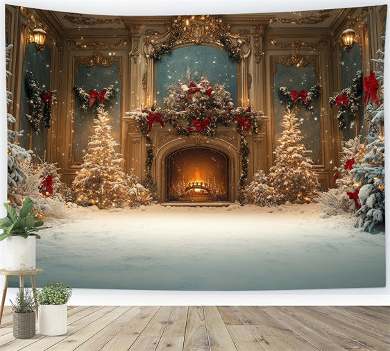 Toile de fond de Noël Cheminée Arbres Enneigés Salle de Bal BRP11-217