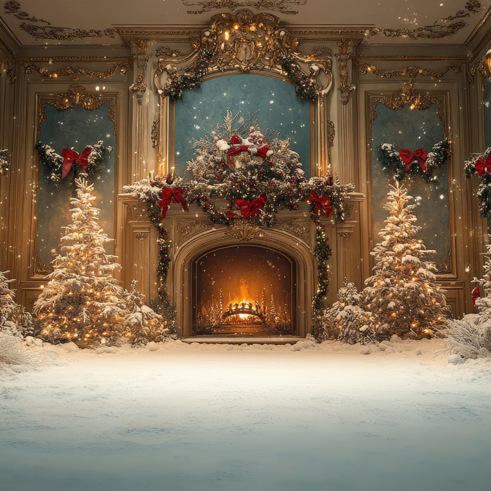 Toile de fond de Noël Cheminée Arbres Enneigés Salle de Bal BRP11-217