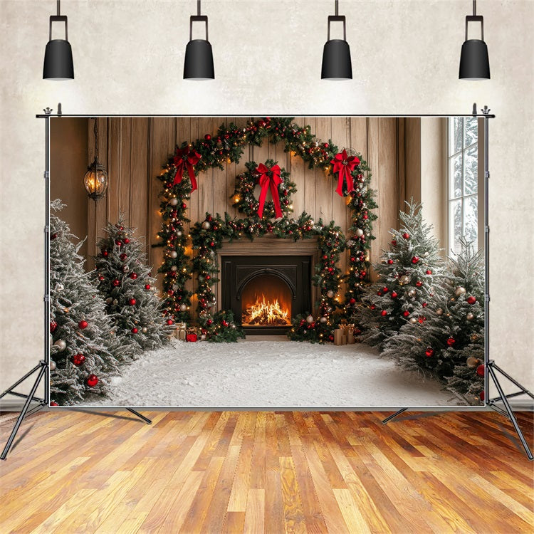 Toile de fond de Noël Cheminée Arche Arbres Enneigés BRP11-218