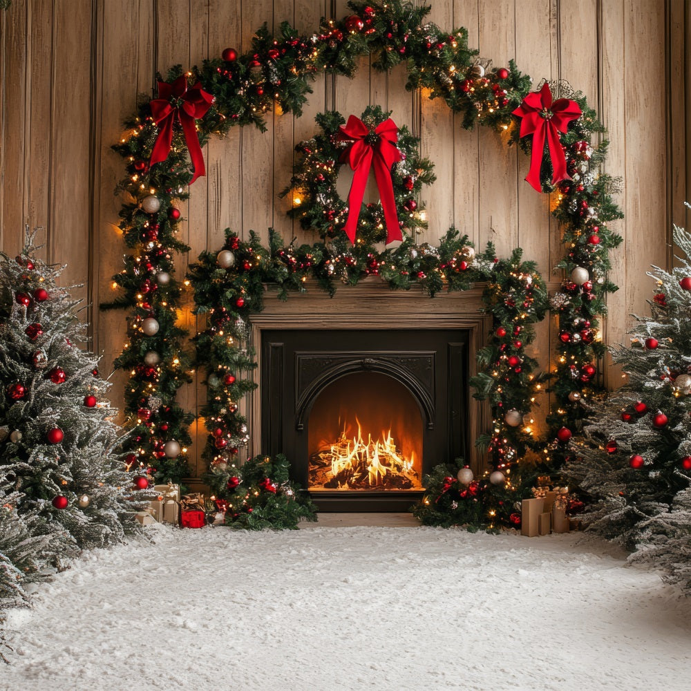 Toile de fond de Noël Cheminée Arche Arbres Enneigés BRP11-218