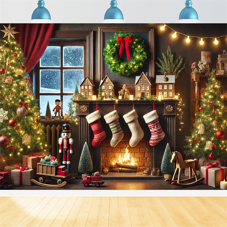 Toile de fond de Noël Cheminée Casse-Noisette Bas Festifs BRP11-223