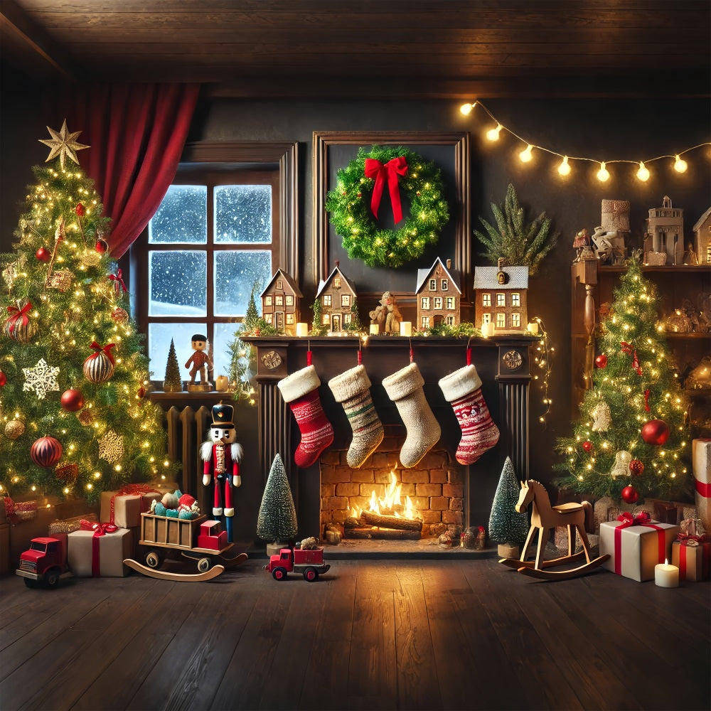 Toile de fond de Noël Cheminée Casse-Noisette Bas Festifs BRP11-223