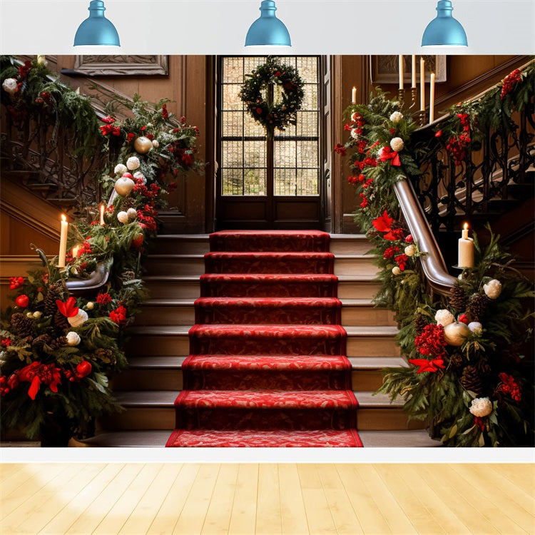 Toile de fond de Noël Escalier Élégant Tapis Rouge Guirlande BRP11-237