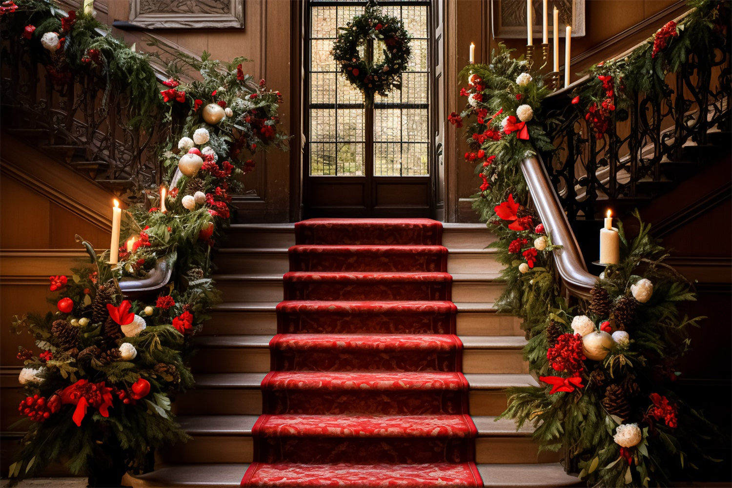 Toile de fond de Noël Escalier Élégant Tapis Rouge Guirlande BRP11-237
