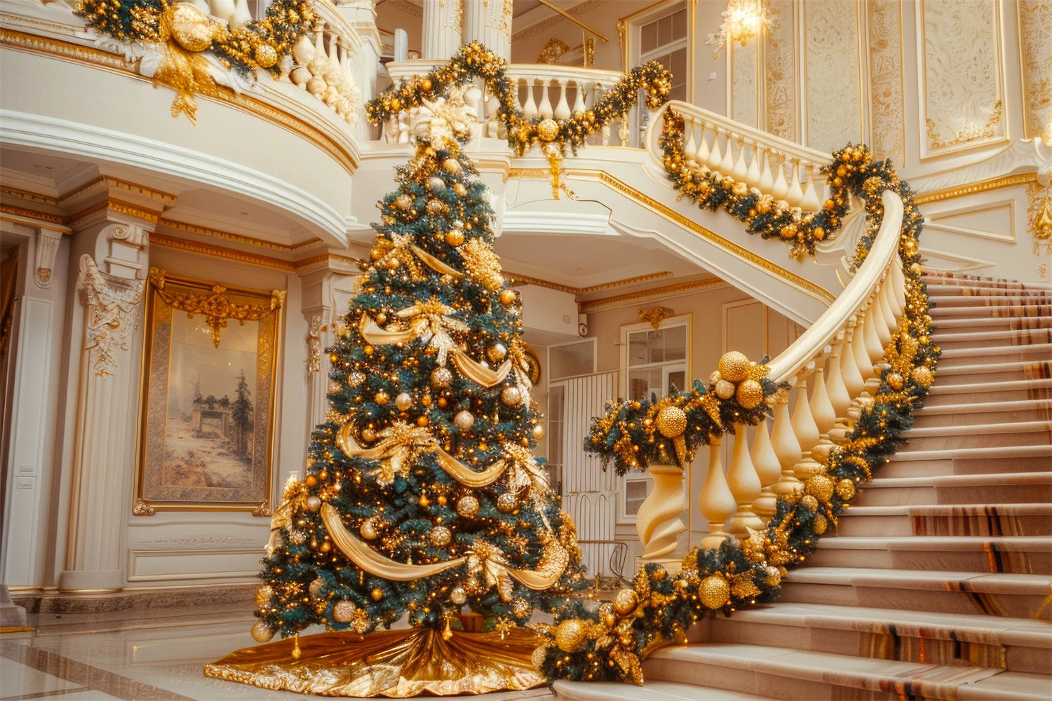 Toile de fond de Noël Fête Escalier Doré Arbre BRP11-238
