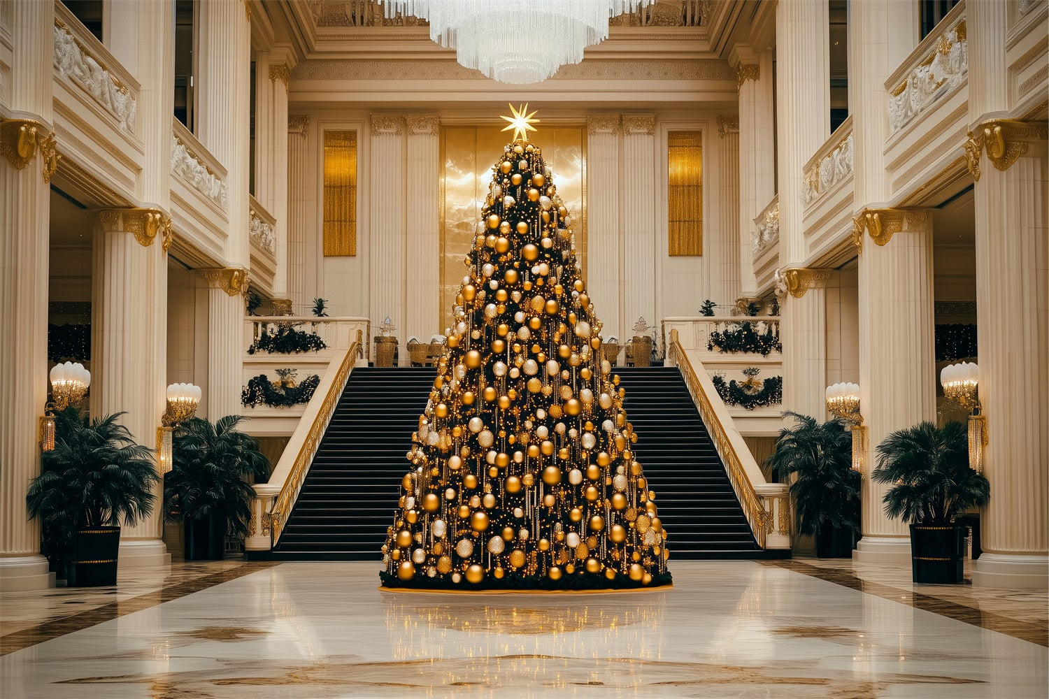 Toile de fond de Joyeux Noël Grand Arbre Doré Salle BRP11-240