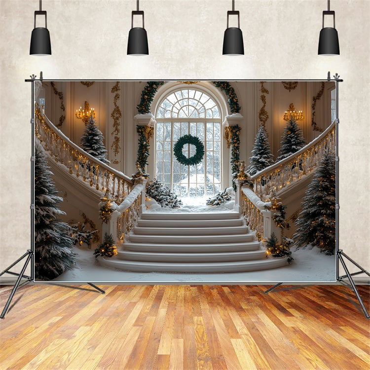 Toile de fond de Noël Escalier Accents Dorés et Neige BRP11-244