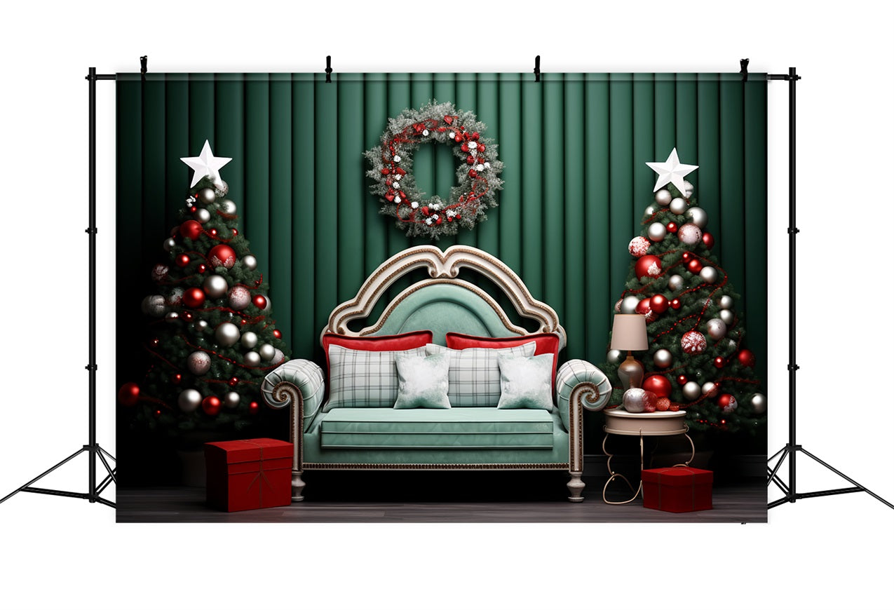 Toile de fond de Noël Mur Vert Canapé Couronne BRP11-246