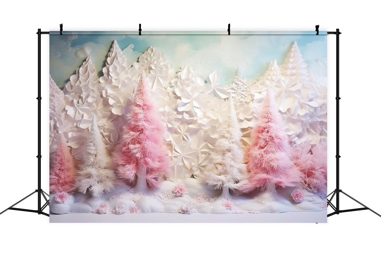 Toile de fond Hiver Arbres Roses Nuages Enneigés BRP11-254