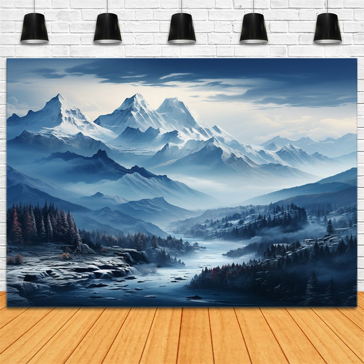 Toile de fond Hiver Photographie Rivière Montagne Bleue Enneigée BRP11-258