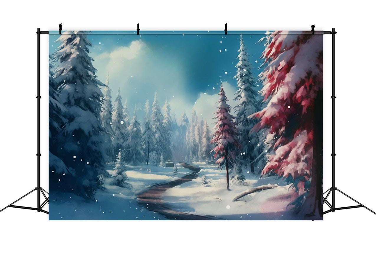 Toile de fond Hiver Chemin Forêt Enneigée Arbres Roses BRP11-265