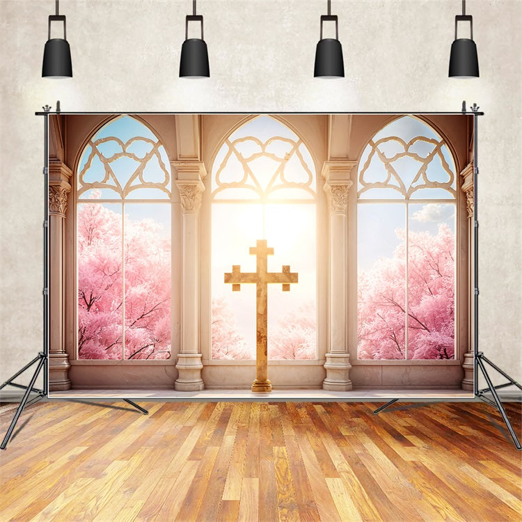 Toile de Fond Photographie Pâques Lumière du Soleil Croix Fleurs BRP11-327
