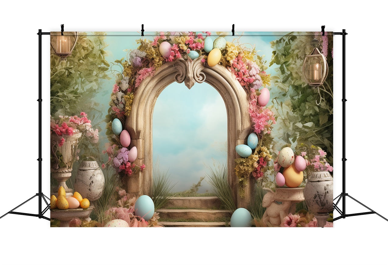 Toile de Fond Pâques Arche en Pierre Œufs Pastels BRP11-336