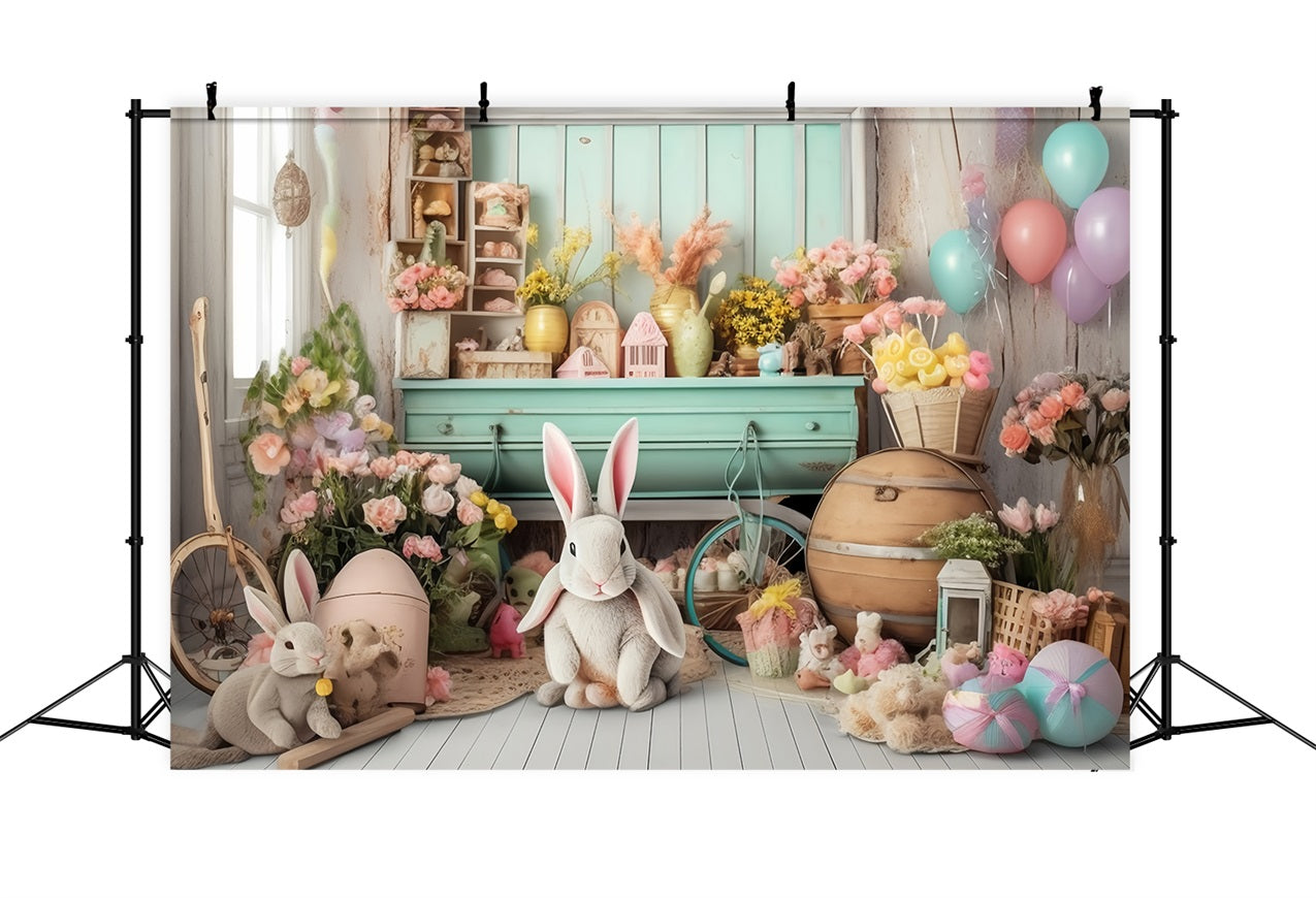 Toile de Fond Pâques Lapin Rustique Étagère Fleurie BRP11-363