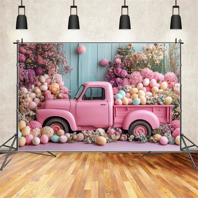 Toile de Fond Pâques Photographie Camion Rose Œuf Fleur BRP11-364