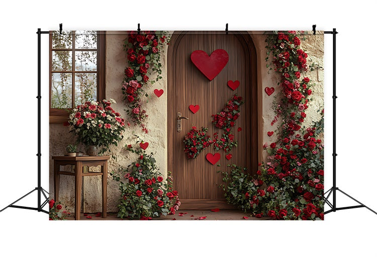 Toile de fond Saint-Valentin Décor Bois Porte Cœur Fleurs BRP11-400