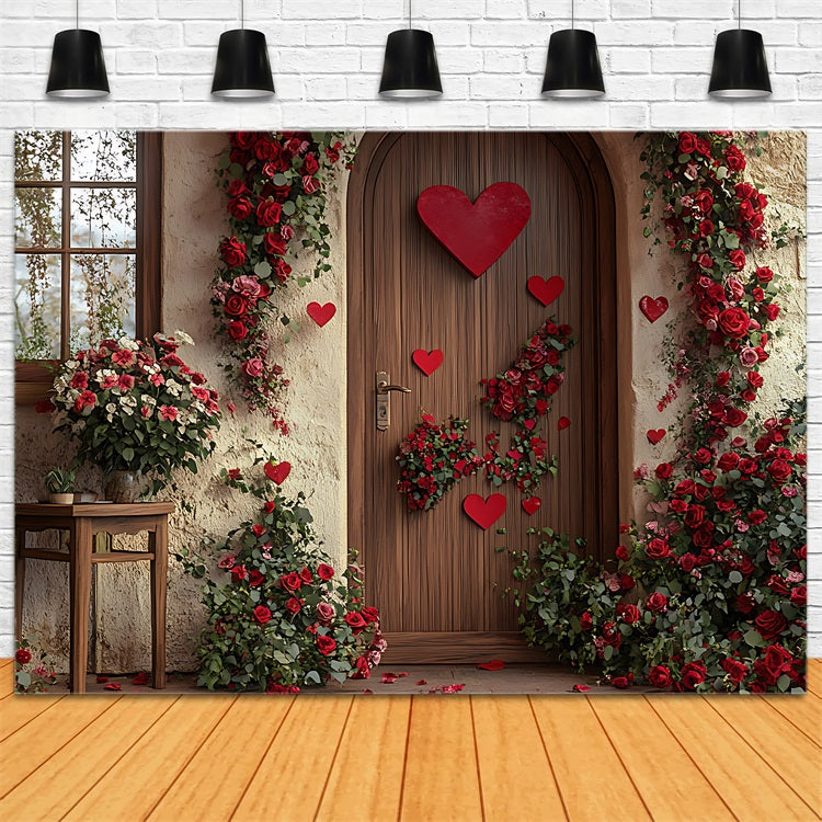 Toile de fond Saint-Valentin Décor Bois Porte Cœur Fleurs BRP11-400