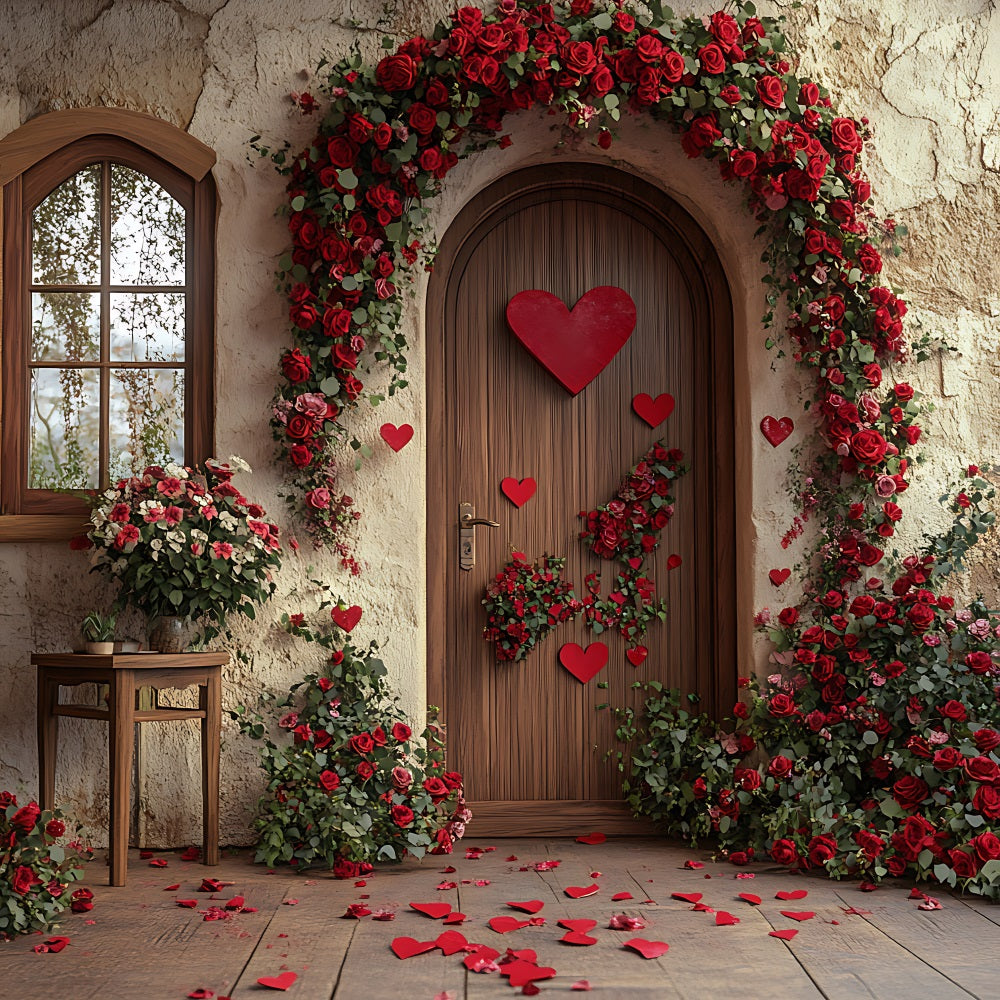 Toile de fond Saint-Valentin Décor Bois Porte Cœur Fleurs BRP11-400