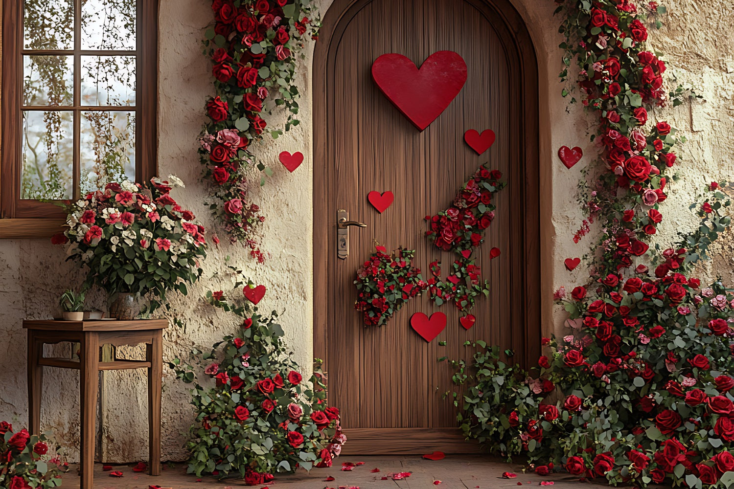 Toile de fond Saint-Valentin Décor Bois Porte Cœur Fleurs BRP11-400