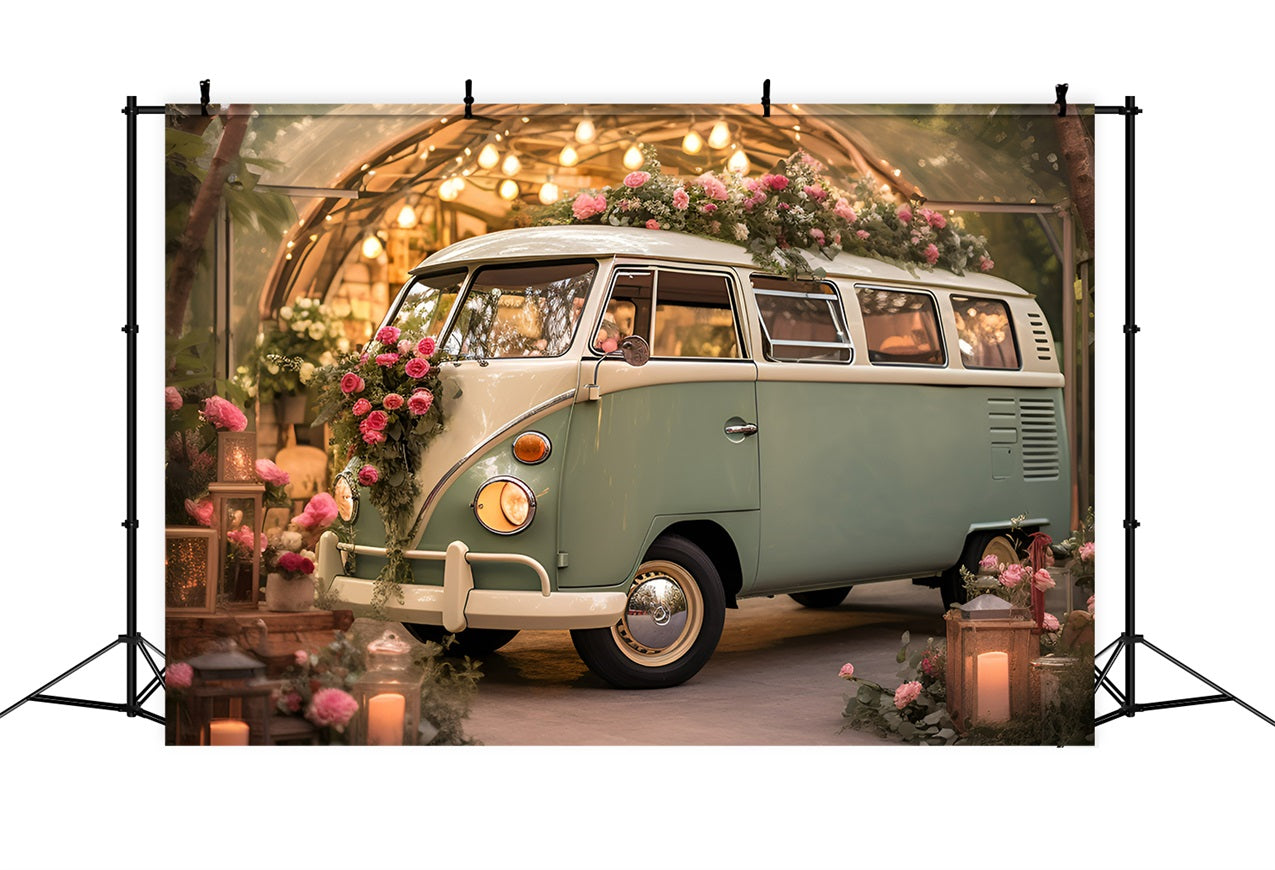 Toile de fond Saint-Valentin Photographie Bus Vert Fleurs Mariage BRP11-405