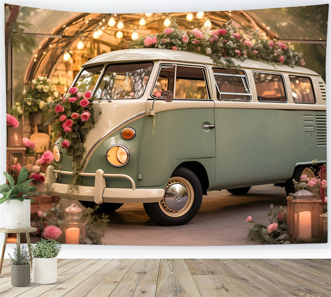 Toile de fond Saint-Valentin Photographie Bus Vert Fleurs Mariage BRP11-405