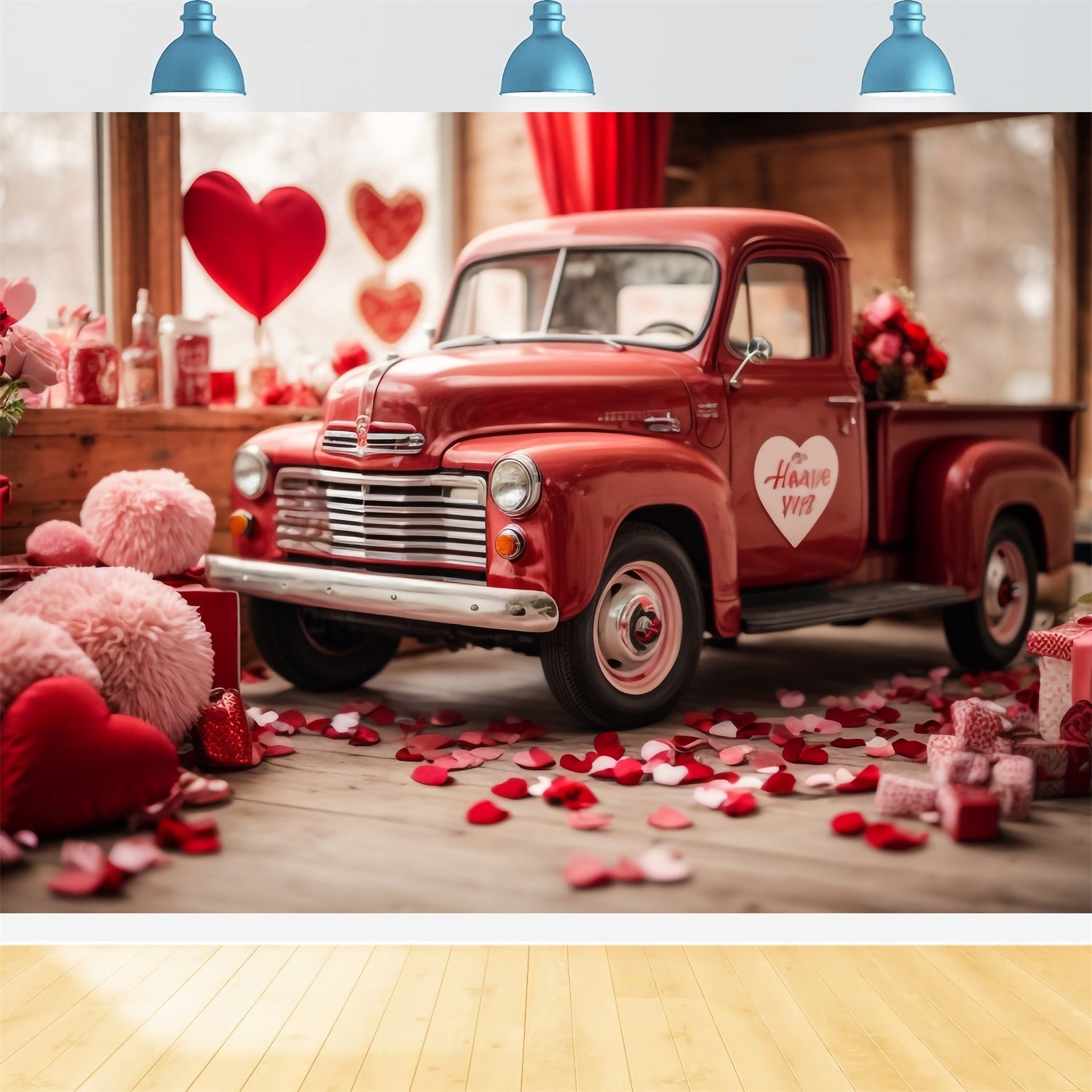 Toile de fond Saint-Valentin Camion Rouge Décoré Cœurs BRP11-407