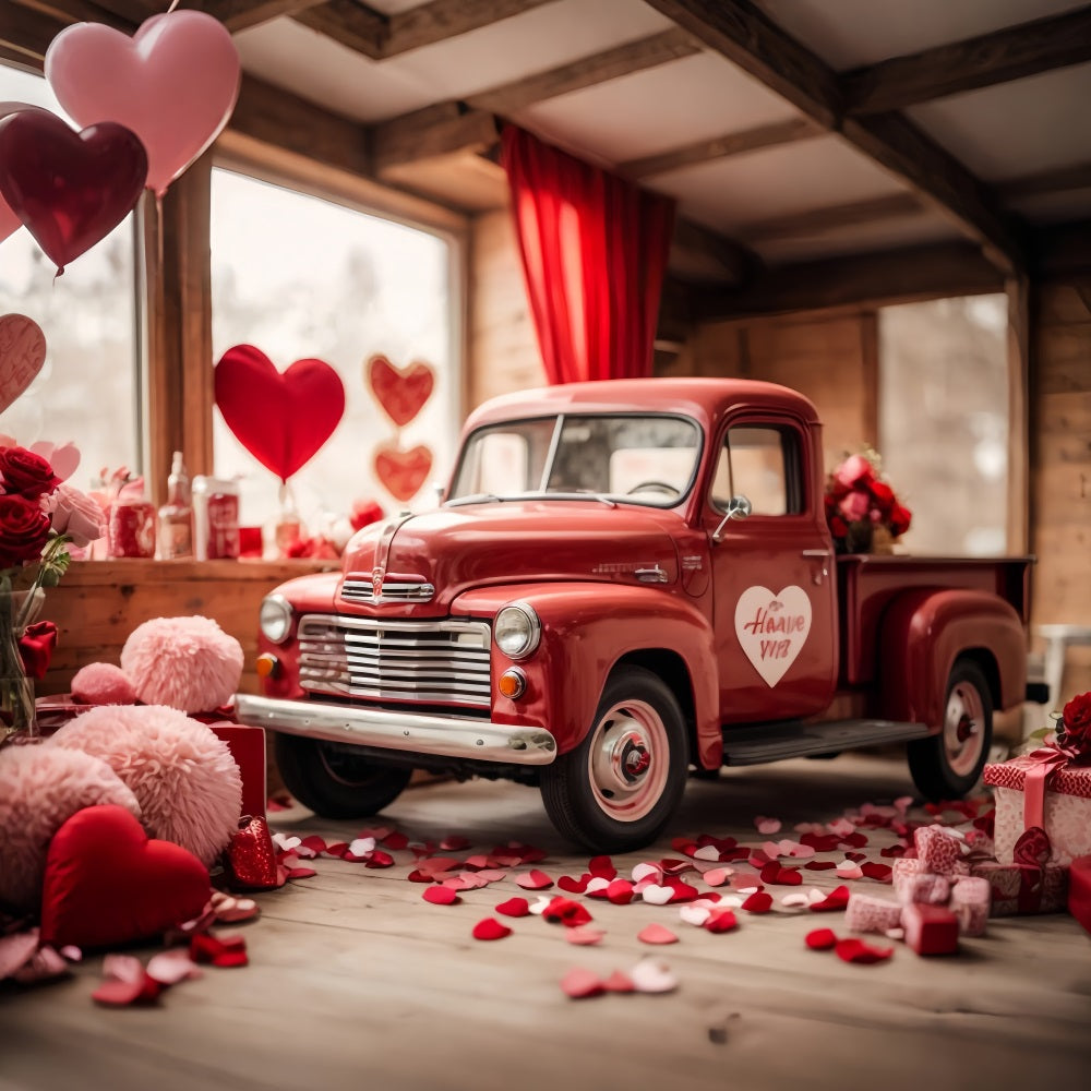 Toile de fond Saint-Valentin Camion Rouge Décoré Cœurs BRP11-407