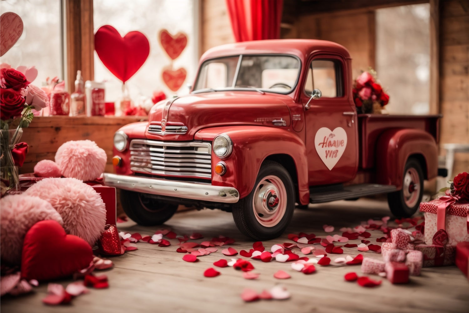 Toile de fond Saint-Valentin Camion Rouge Décoré Cœurs BRP11-407