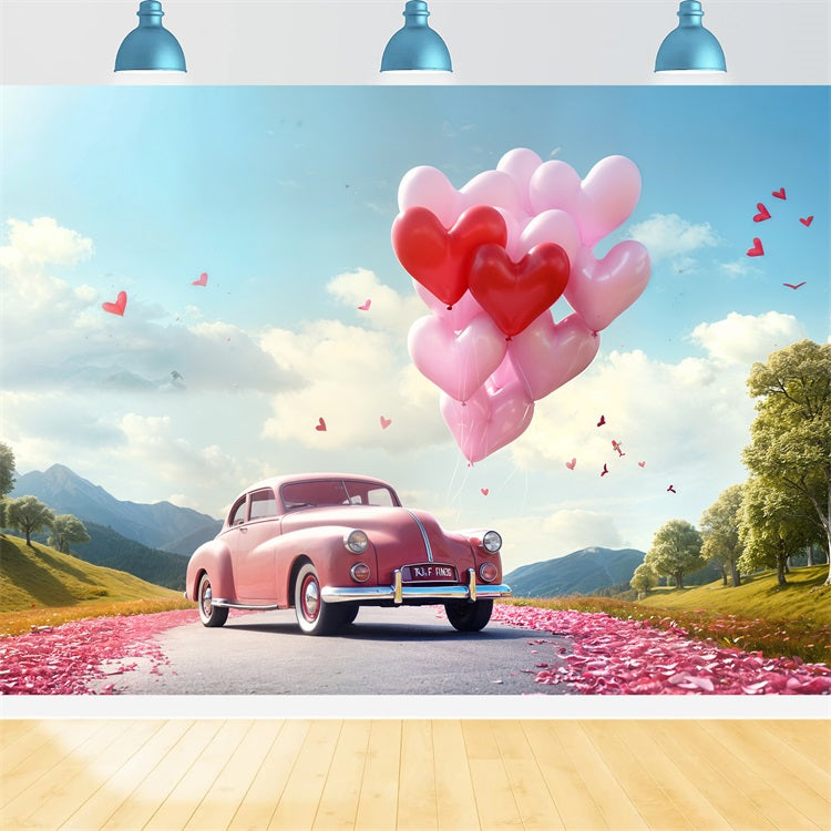 Toile de fond Saint-Valentin Ballons Cœur Route Voiture Rose BRP11-411