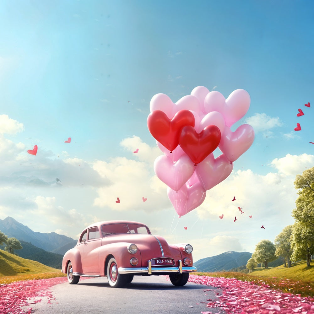 Toile de fond Saint-Valentin Ballons Cœur Route Voiture Rose BRP11-411