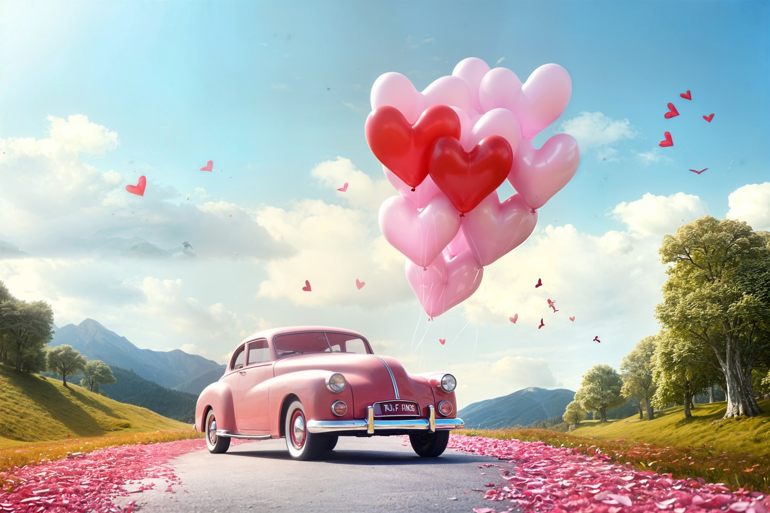 Toile de fond Saint-Valentin Ballons Cœur Route Voiture Rose BRP11-411